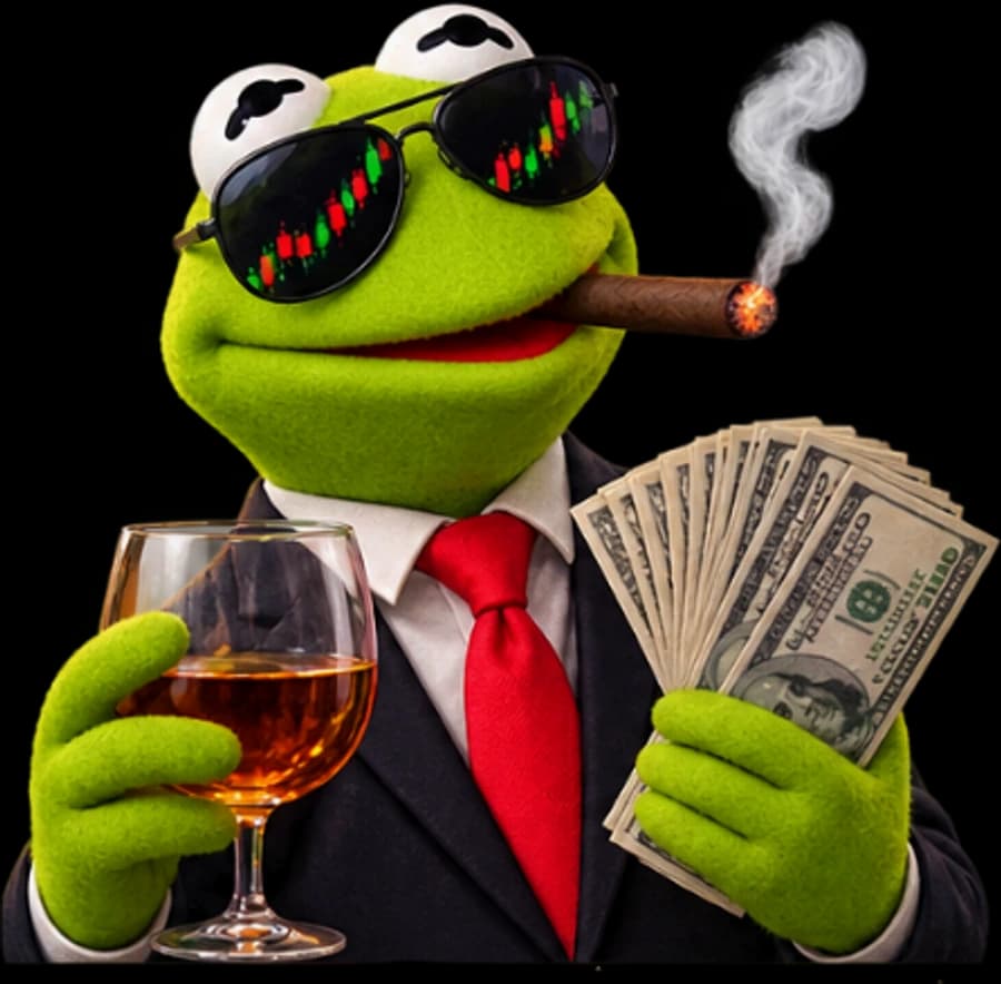 Lazy Frog in a suit with cash and a cigar